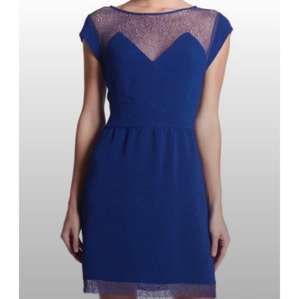 The Kooples Dress Womens XS Blue Lace Trim Mesh Panel Cap Sleeve Cocktail